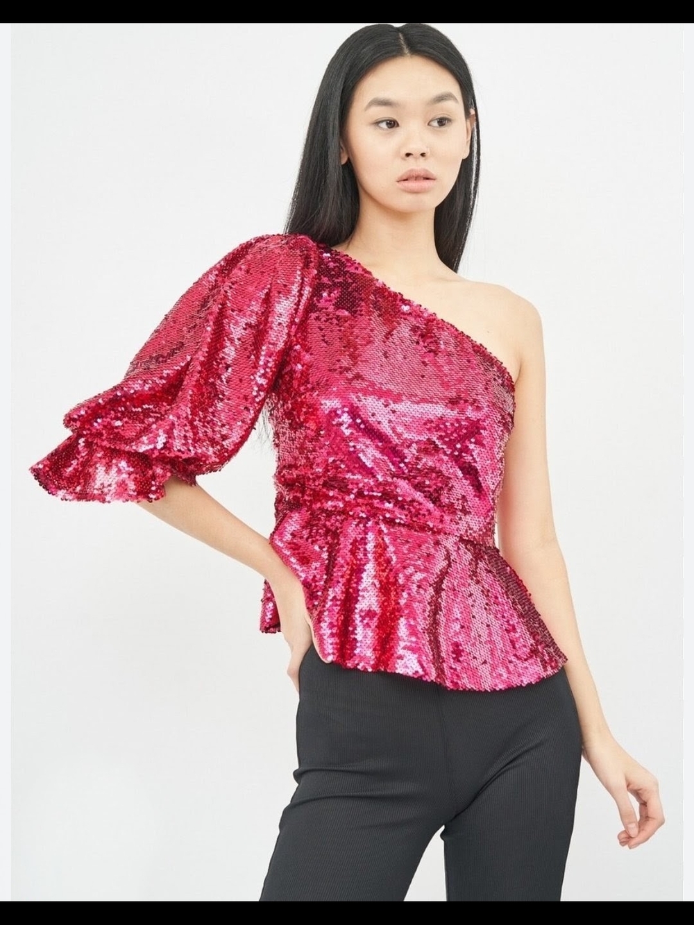 Zara Limited Edition Fuchsia One-Shoulder Sequin Peplum Top Size XS